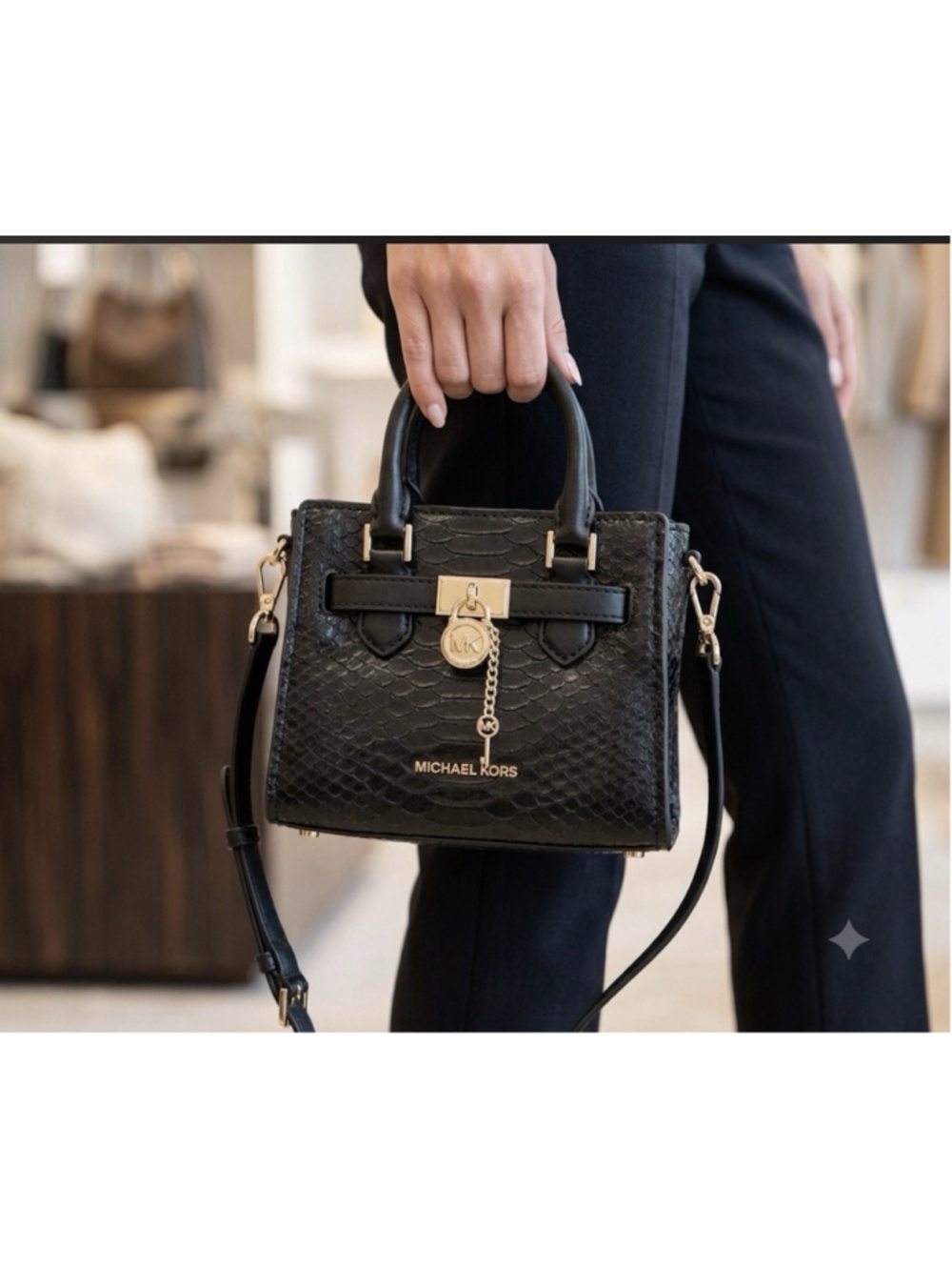 Michael Kors Hamilton XS Satchel Crossbody Bag – Black Croc-Embossed Leather